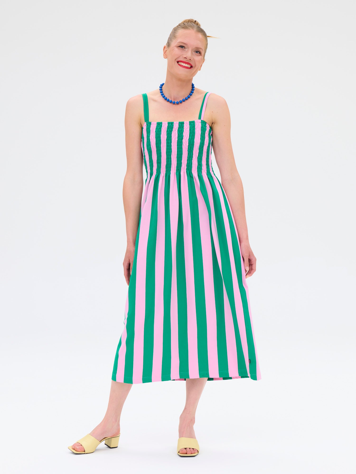 strapless open back dress Green and Pink Stripe Maxi Dress