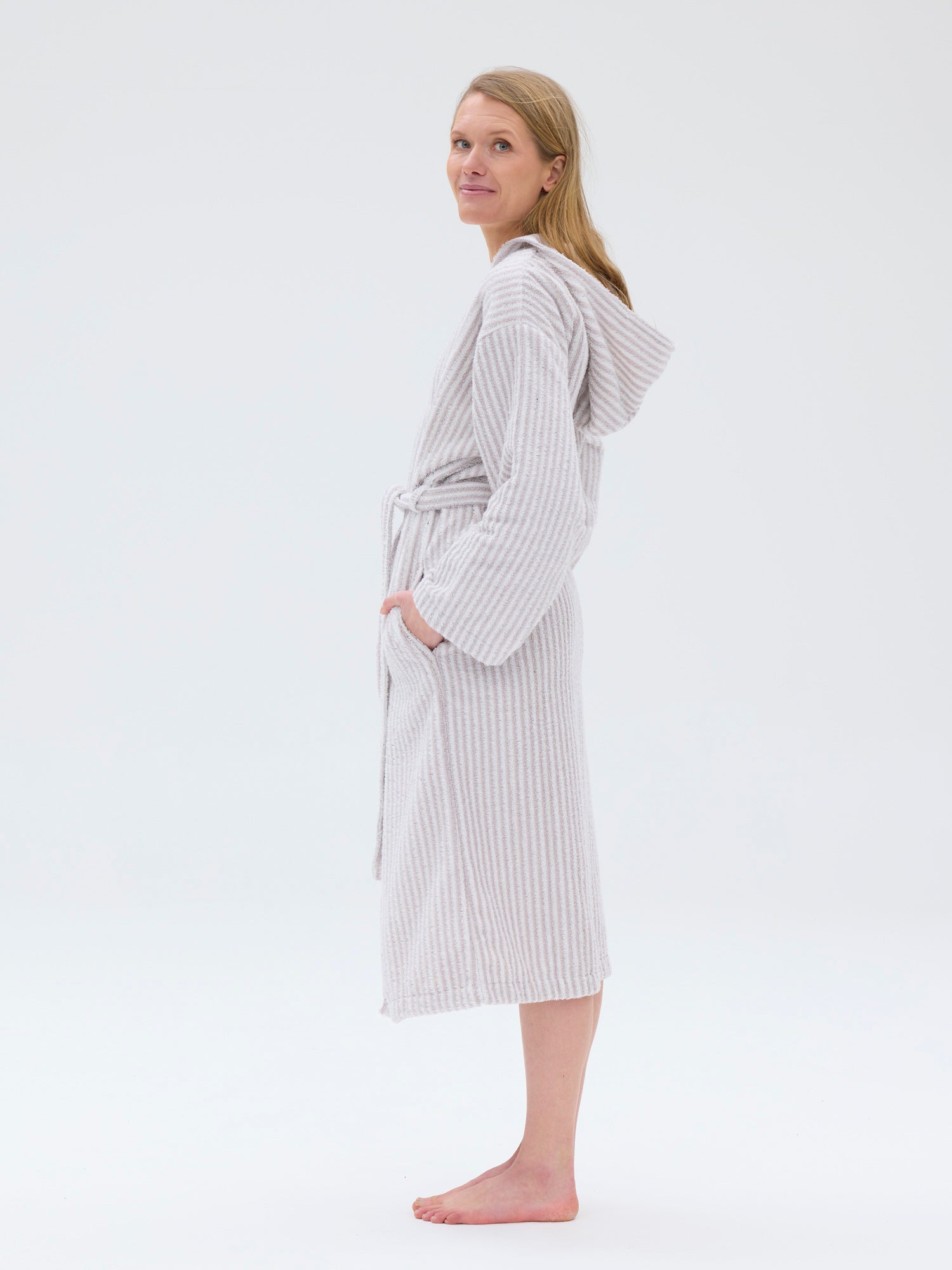 Women's Stripe Bathrobe, White/Grey