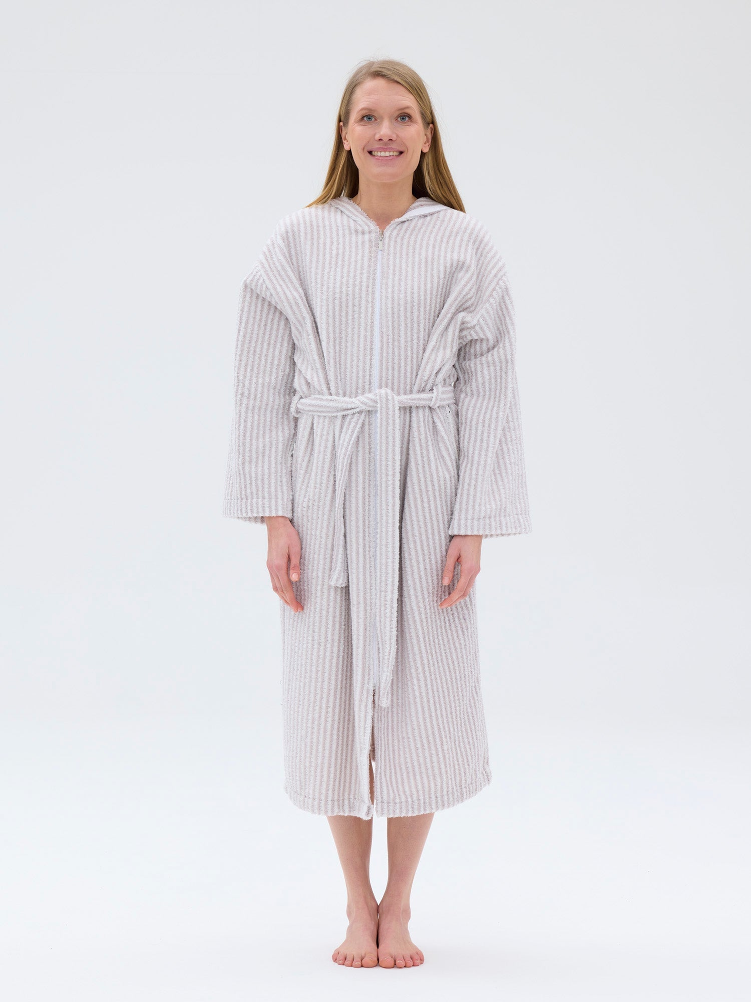 Women's Stripe Bathrobe, White/Grey