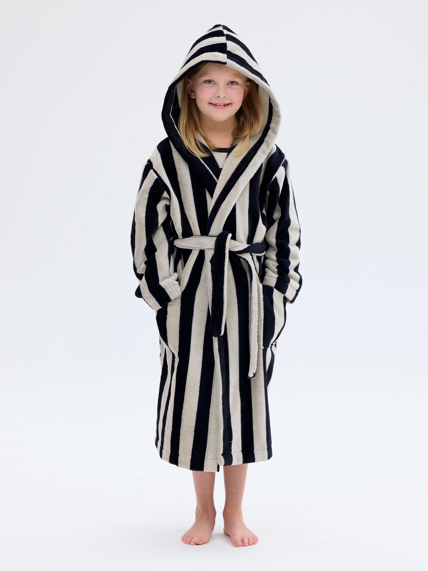 Lasten Velourkylpytakki Raita, Musta/Hiekka