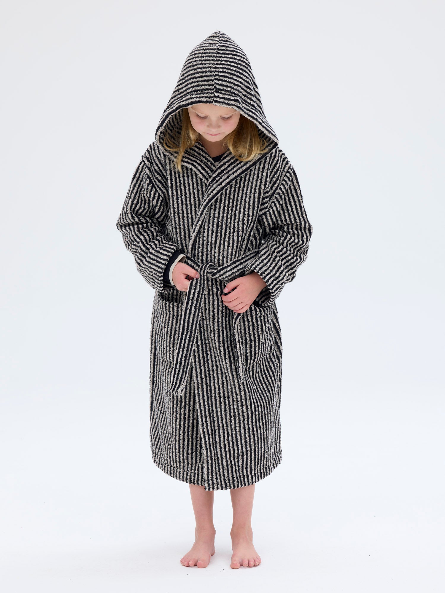 Kid's Terry Bathrobe Stripe, Black/Sand