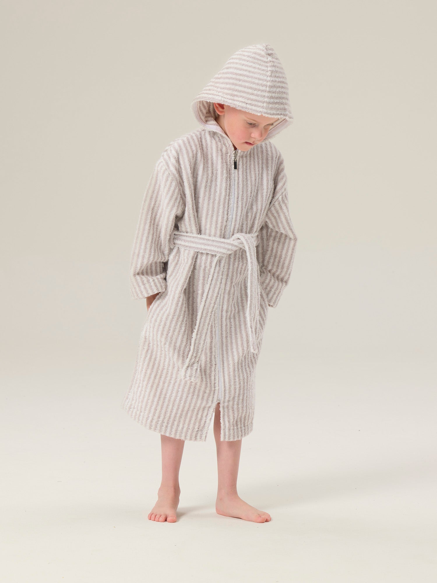 Kid's Terry Bathrobe Stripe, White/Grey