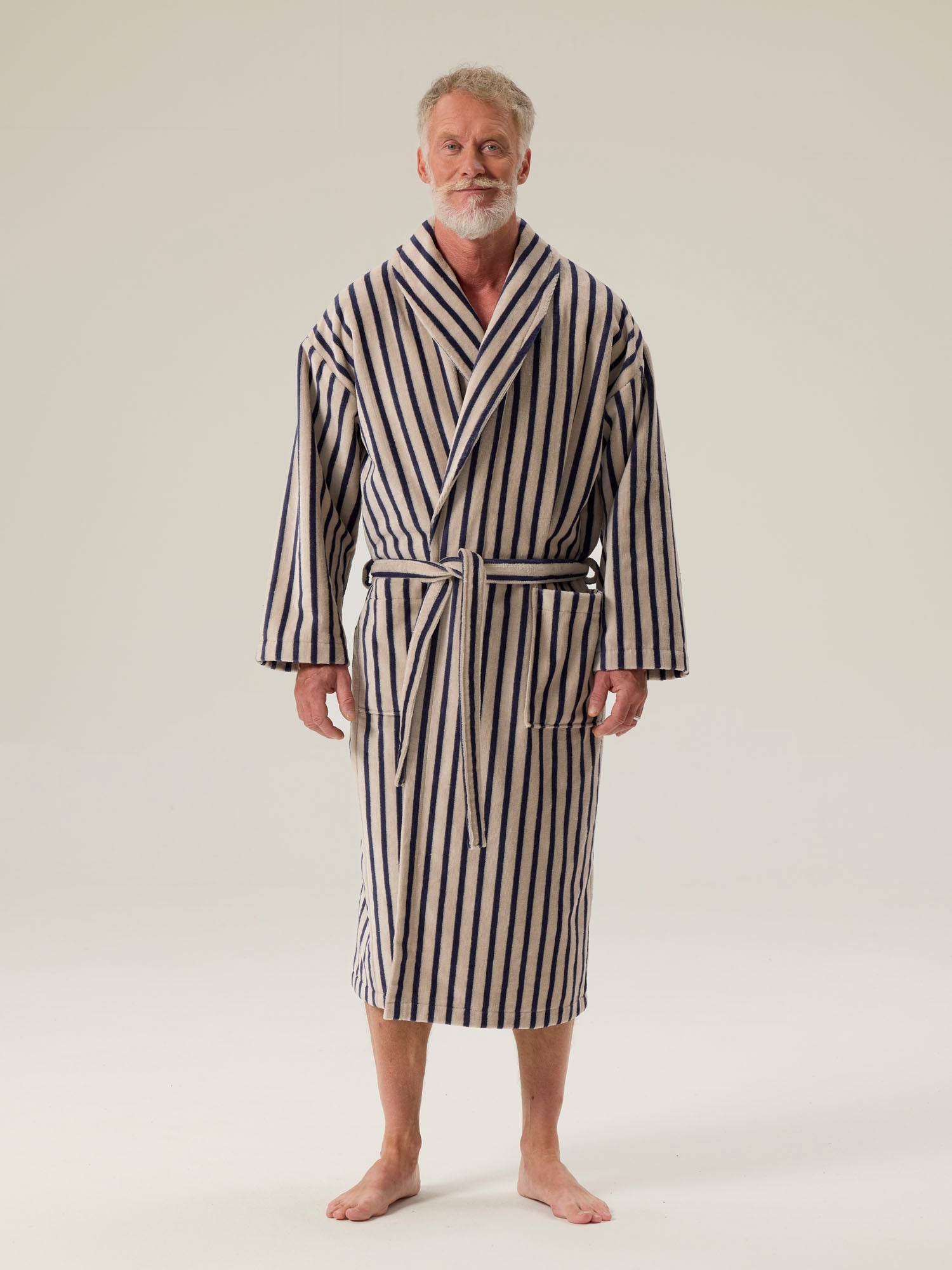 Unisex Bathrobe Stripe, Light Grey/Dark blue