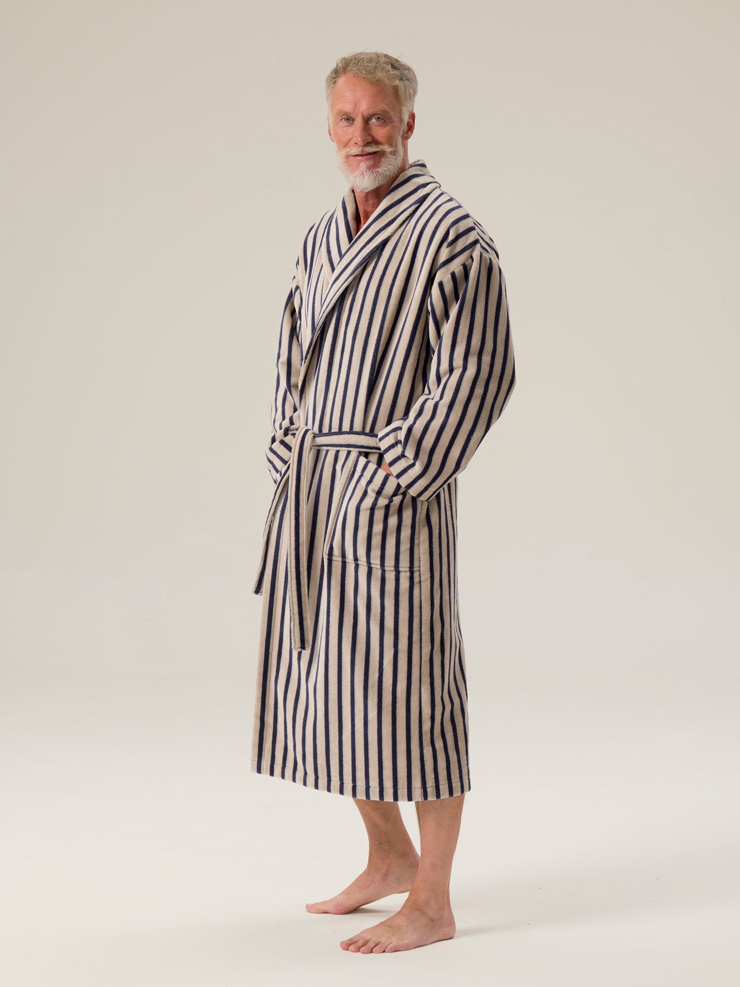 Unisex Bathrobe Stripe, Light Grey/Dark blue