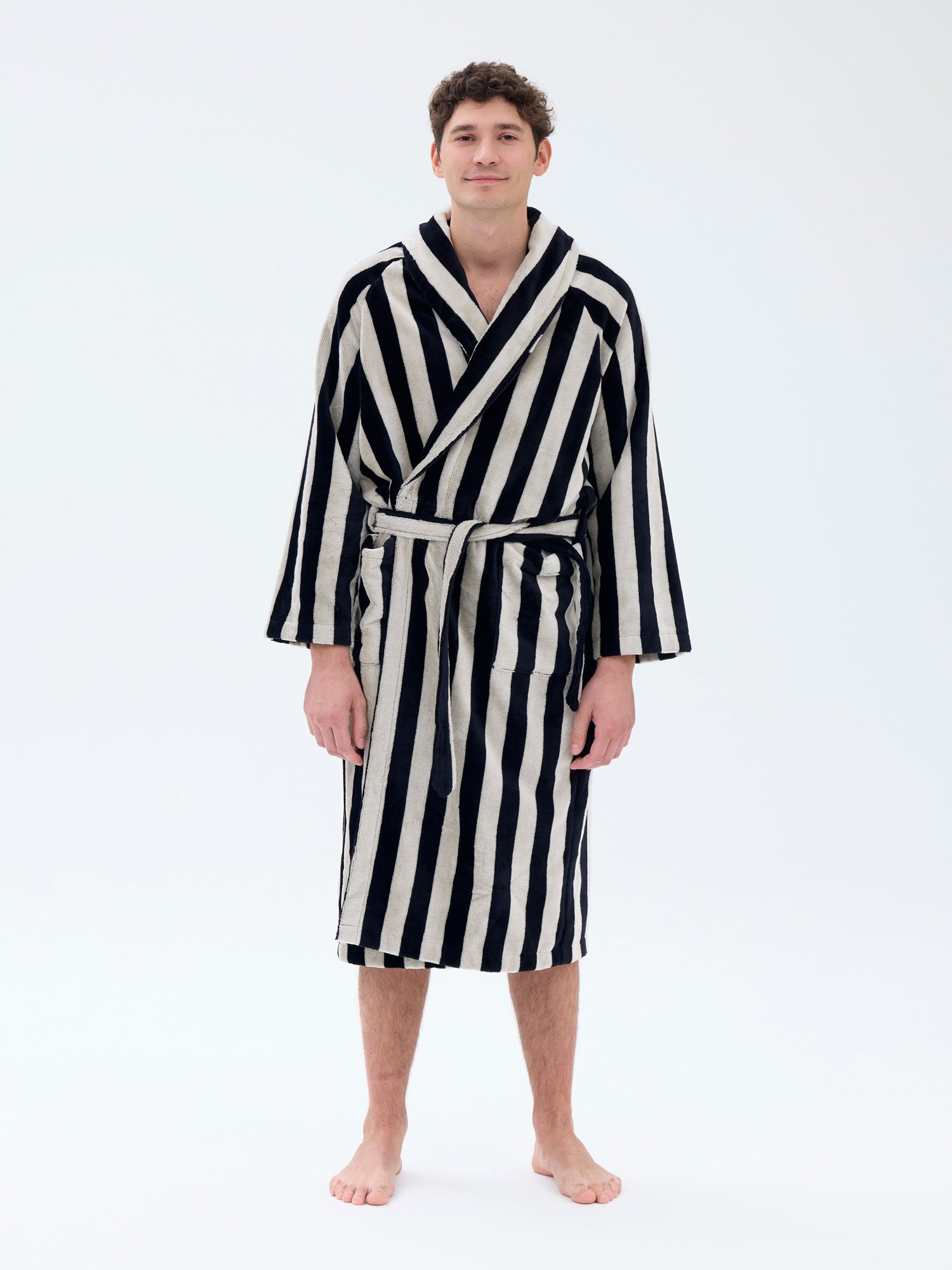 Unisex Bathrobe Stripe, Sand/Black